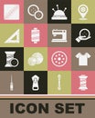 Set Sewing thread, T-shirt, button, Needle bed and needles, Triangular ruler, Pattern and machine icon. Vector Royalty Free Stock Photo