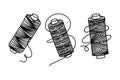 Set of sewing threads, hand-drawn doodle in sketch style. Cross winding thread. Needle, pins. Needle and pins. Sewing