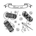 Set of sewing threads, hand-drawn doodles in sketch style. Bobbin of thread. Buttons. Sewing. Needlework. Thread. Vector Royalty Free Stock Photo