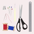 Set of sewing tools. A collection of objects for needlework and handmade. Royalty Free Stock Photo