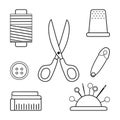 Set of sewing tools isolated on white background. Linear cartoon style Royalty Free Stock Photo