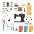 A set of sewing tools. Threads, needles, buttons and sewing machine, mannequin and fabric cuts.