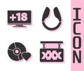 Set Sex shop, Monitor with 18 plus content, Adult label on compact disc and Dildo vibrator icon. Vector.