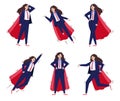 Set business women in superhero cape and suit, vector illustration isolated.