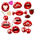 A set of sexy red lips with candy, strawberries, cherries. Candy in your mouth. Illustration for printing on banners Royalty Free Stock Photo