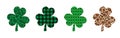 Set of 4 Shamrock or clover leaves made of Leopard print, buffalo plaid, arabesque tile. Saint Patricks Day symbol. Vector