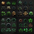 Set of shamrock icon for game on black background. St Patricks symbol of luck. AI