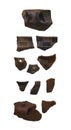 Set of 11 shards or fragments of Neolithic stone jars from the island of Mochlos. Isolated on white background