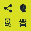 Set Share, Car sharing, Hard disk drive with clockwise and Head low battery icon. Vector Royalty Free Stock Photo