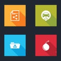 Set Share file, Car sharing, Folder upload and Bomb ready to explode icon. Vector Royalty Free Stock Photo
