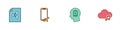 Set Share file, Flight mode in the mobile, Head with low battery and Music streaming service icon. Vector