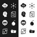 Set Share file, Head with low battery, CO2 emissions in cloud, Network, Car sharing and Bomb ready to explode icon Royalty Free Stock Photo