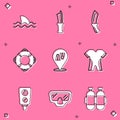 Set Shark, Diving knife, Lifebuoy, Flippers for swimming, Wetsuit scuba diving, Gauge scale and mask icon. Vector