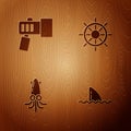 Set Shark fin in ocean wave, Flashlight, Octopus and Ship steering wheel on wooden background. Vector