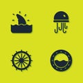 Set Shark fin in ocean wave, Ship porthole, steering wheel and Jellyfish icon. Vector