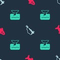 Set Shark, Fishing harpoon and Whale tail ocean wave on seamless pattern. Vector Royalty Free Stock Photo