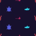 Set Shark, Turtle, Caviar on spoon and Lobster on seamless pattern. Vector