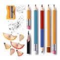 Set of sharpened pencils of various lengths with a rubber, a sharpener, pencil shavings Royalty Free Stock Photo