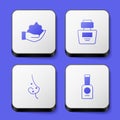 Set Shaving foam on hand, Perfume, Acne and Bottle of nail polish icon. White square button. Vector