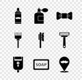 Set Shaving gel foam, Aftershave bottle with atomizer, Bow tie, Electric razor blade for men, Bar of soap, Barbershop Royalty Free Stock Photo