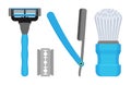 Set for shaving. Vector illustration of male razors and a bristle brush.