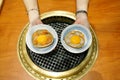 Set shell crab of kani miso topped with fresh salmon and yolk egg