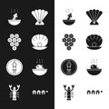 Set Shell with pearl, Caviar, Soup octopus, Scallop sea shell, Octopus on plate, Puffer fish soup, Grilled steak and