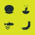 Set Shell with pearl, Shrimp, Fish caviar and Soup octopus icon. Vector