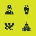 Set Sheriff cowboy, White House, Eagle and Ice cream in waffle cone icon. Vector