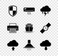Set Shield, Air conditioner, Storm, Cloud upload, Kitchen extractor fan and download icon. Vector Royalty Free Stock Photo