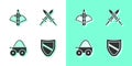 Set Shield, Battle crossbow with arrow, Wooden four-wheel cart and Crossed medieval sword icon. Vector