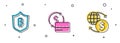 Set Shield with bitcoin, Credit card and Money exchange icon. Vector Royalty Free Stock Photo