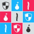 Set Shield, Bomb ready to explode and Military knife icon. Vector