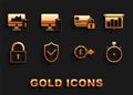 Set Shield with check mark, infographic, pie graph, Stopwatch, Coin money pound sterling symbol, Lock, Credit card lock