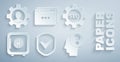 Set Shield with check mark, Seo tag gear wheel, Safe, Human head question, Website template and inside icon. Vector Royalty Free Stock Photo