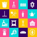 Set Shield corn, Farm house, Watering can, Garden fence wooden, Shovel and rake, Bucket and Carrot icon. Vector Royalty Free Stock Photo