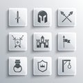 Set Shield with crown, Gallows, Medieval spear, Castle, fortress, Poison in bottle, shield swords, Dagger and Crossed