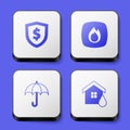 Set Shield with dollar, Fire flame, Umbrella and House flood icon. White square button. Vector
