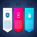 Set Shield and dollar, Graduation cap on mobile and Water drop. Business infographic template. Vector