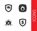 Set Shield with dollar, Graduation cap shield, House flood and Fire flame icon. Vector