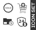 Set Shield with dollar, Sold label, Envelope with coin dollar and Add to Shopping cart icon. Vector Royalty Free Stock Photo