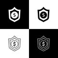 Set Shield with dollar symbol icon isolated on black and white background. Security shield protection. Money security Royalty Free Stock Photo