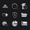 Set Shield with dollar symbol, Pie chart infographic, Credit card, Document folder, Battery charge level indicator earth Royalty Free Stock Photo