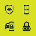 Set Shield and eye, Password protection, Smart car security system and Mobile password icon. Vector Royalty Free Stock Photo