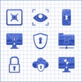 Set Shield with keyhole, Cloud and shield, Computer monitor, FTP folder lock, Lock, computer screen, Smartphone and Safe