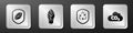 Set Shield with leaf, Light bulb with leaf, Recycle symbol inside shield and CO2 emissions in cloud icon. Silver square