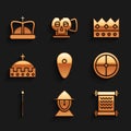Set Shield, Medieval iron helmet, Decree, parchment, scroll, Round wooden shield, spear, King crown, and icon. Vector