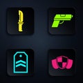 Set Shield, Military knife, Chevron and Pistol or gun. Black square button. Vector