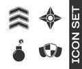 Set Shield, Military rank, Bomb ready to explode and Japanese ninja shuriken icon. Vector