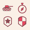 Set Shield, Military tank, Compass and Police badge icon. Vector